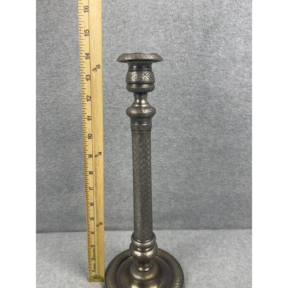 Vintage Pewter Candlestick Heavy 14" Tall Made in India Engraved 4.5" Base - Picture 6 of 7